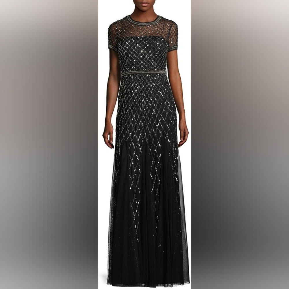 ADRIANNA PAPELL Cap Sleeve Black Beaded Gown (SIZE 2)